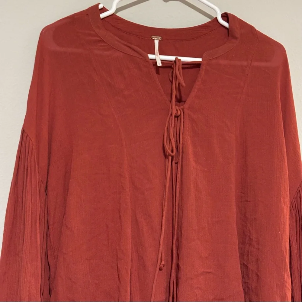 Free People Red Puff Sleeve Blouse with Tie Front